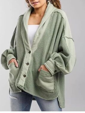 Free People Jordan Sage Green Fleece Oversized Button Cardigan Jacket Size Small